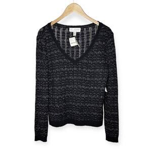 NWT St. John Metallic Wool Blend Knit V Neck Sweater Black Silver Women 16